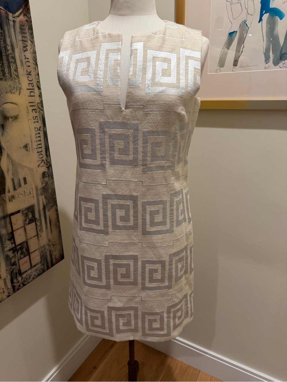 Tory Burch Cream Sleeveless Dress with Silver Greek Key Geometric Print